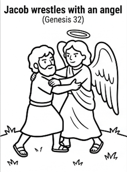 Dibujo para colorear: Jacob pelea con un ángel por su bendición